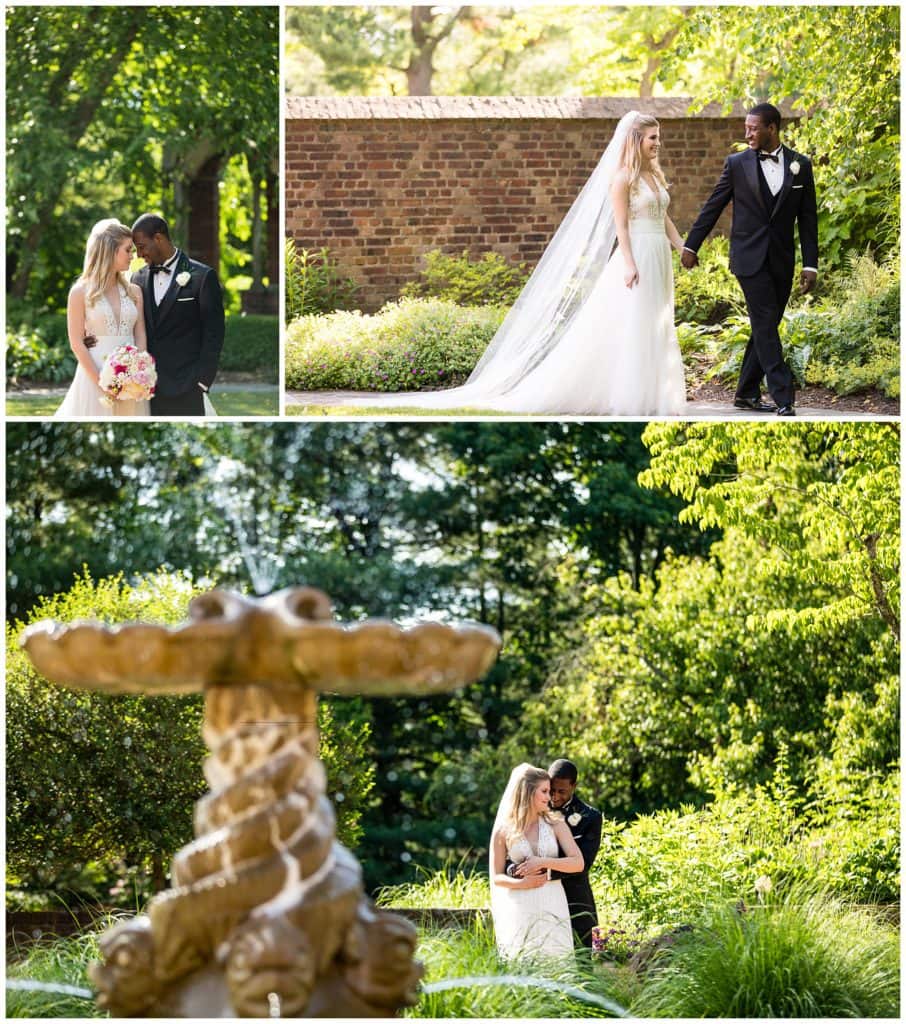 Bride and groom portrait collage with bride and groom walking through gardens and fountain at Aldie Mansion