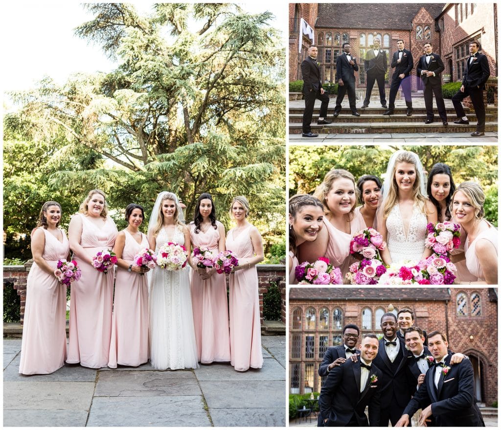 Traditional wedding party portrait collage at Aldie Mansion with pink themed bridal party and stylish groomsmen on mansion steps