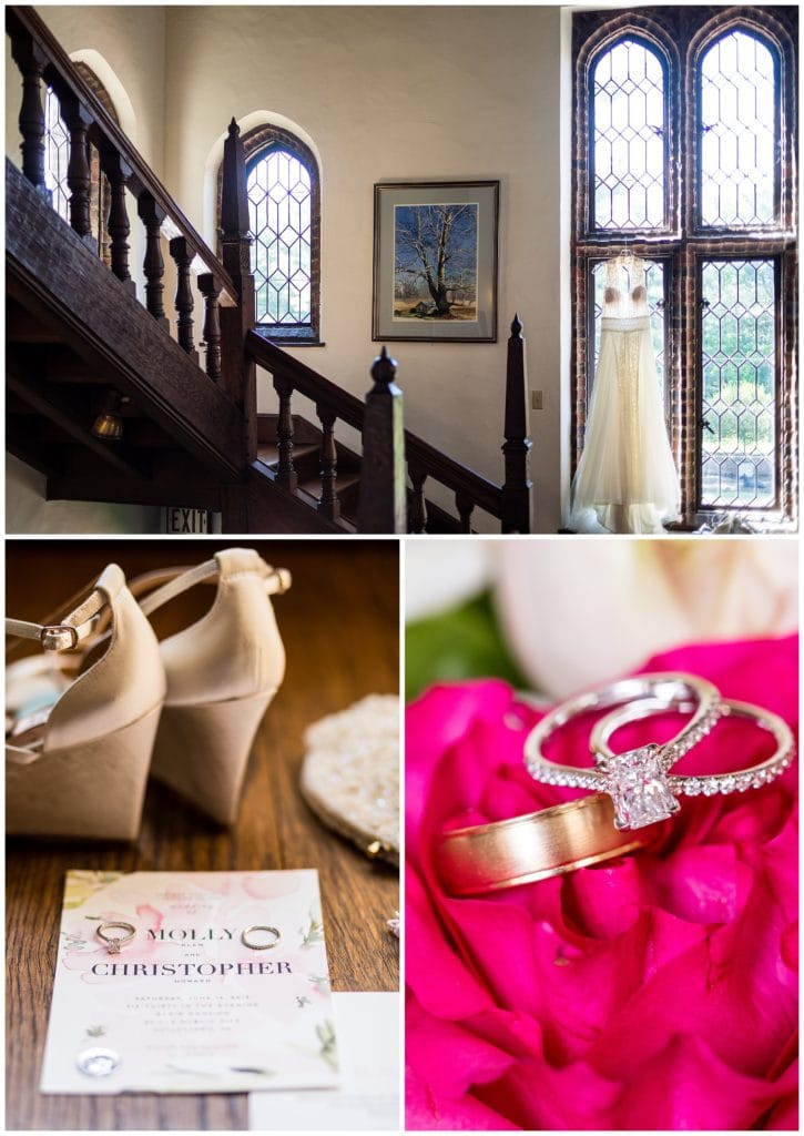 Bridal prep detail collage at Aldie Mansion wedding with engagement ring and wedding bands, floral invitation suite, and wedding dress hanging in window