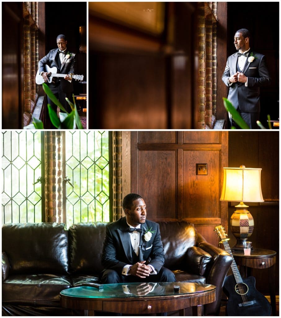 Window lit groom portrait collage at Aldie Mansion wedding with groom playing guitar