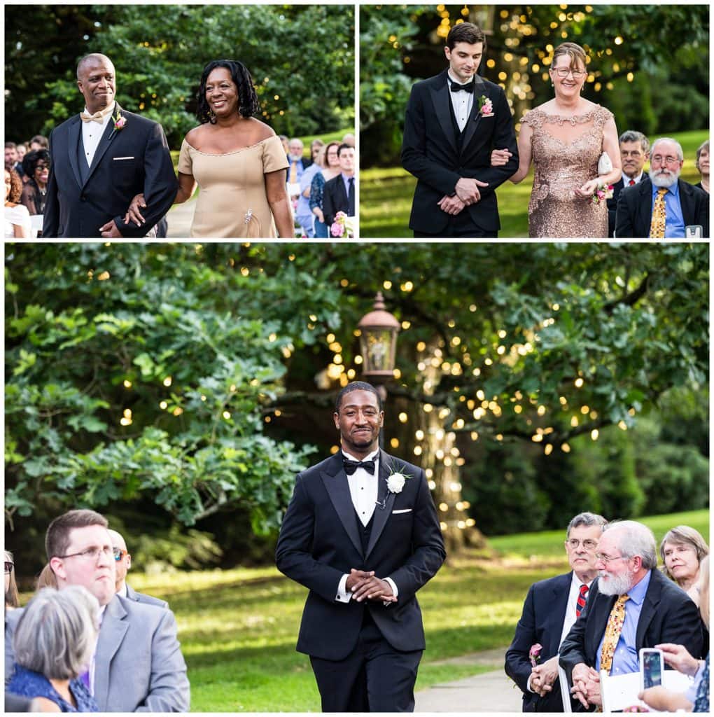 Aldie Mansion outdoor wedding ceremony collage with parents of bride and groom and groom walking down the aisle