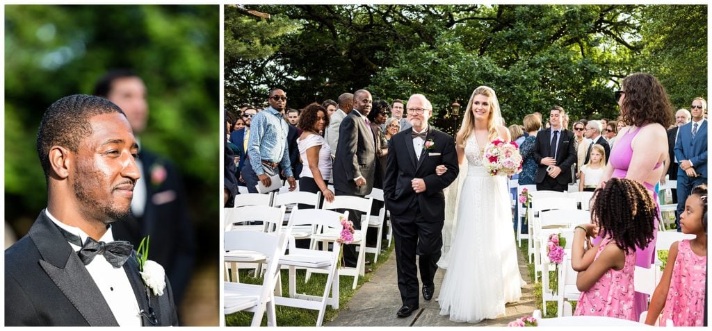 Groom watching as bride and father of the bride walk down aisle at Aldie Mansion outdoor wedding ceremony