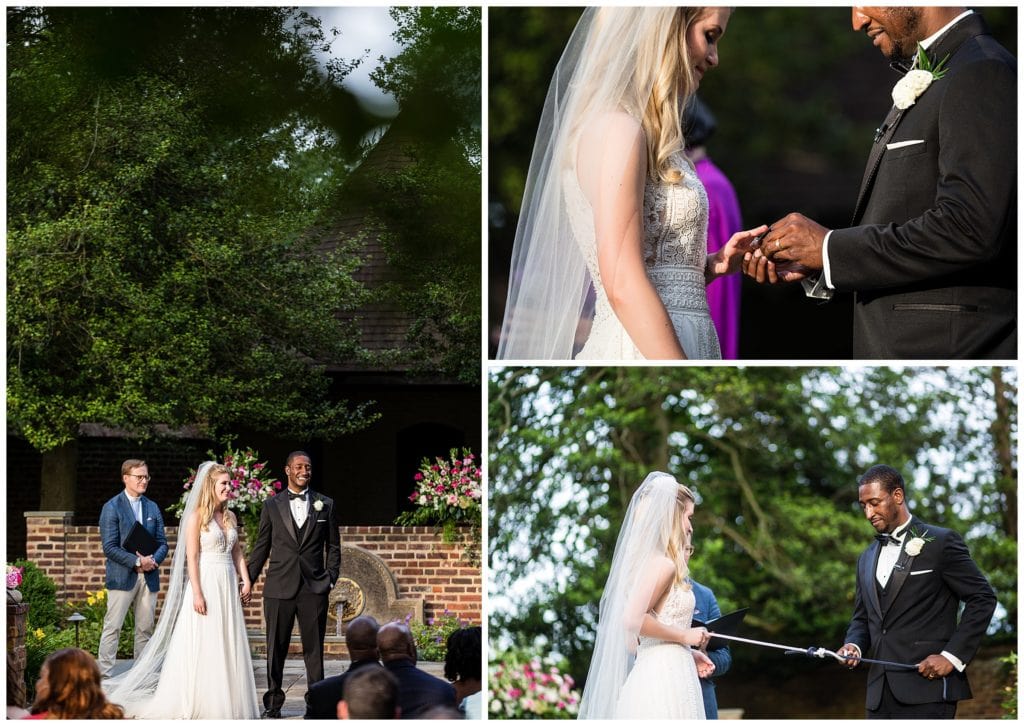 Bride and groom exchange rings and literally tie the knot at Aldie Mansion outdoor wedding ceremony