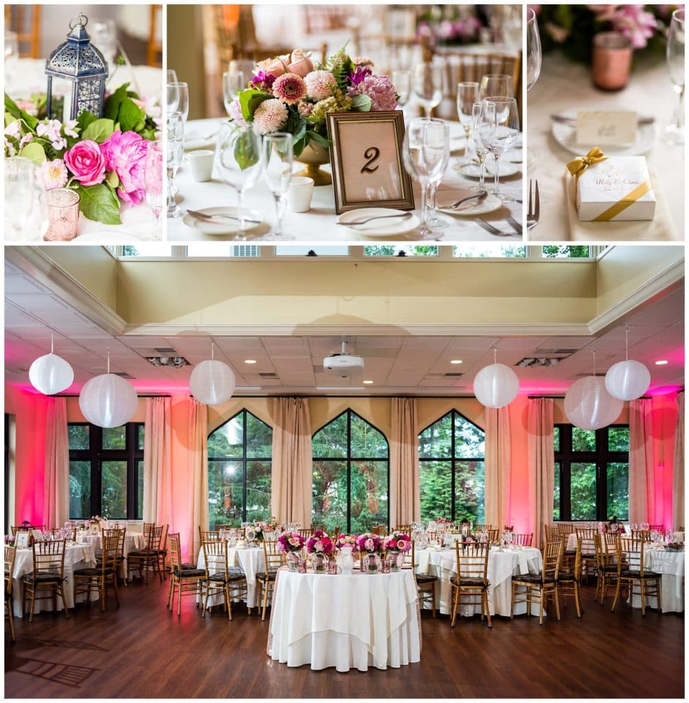 Aldie Mansion wedding reception details with pink floral centerpieces, pink room lights, and wedding gift