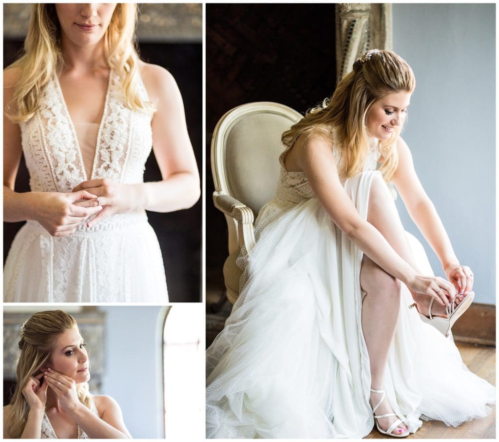 Window lit bride putting on engagement ring, earrings, and white wedge heels collage