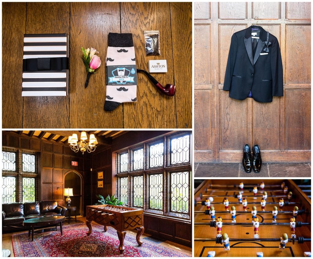 Groom prep details collage at Aldie mansion wedding with mustache socks, pipe, matches, boutonniere, and tuxedo