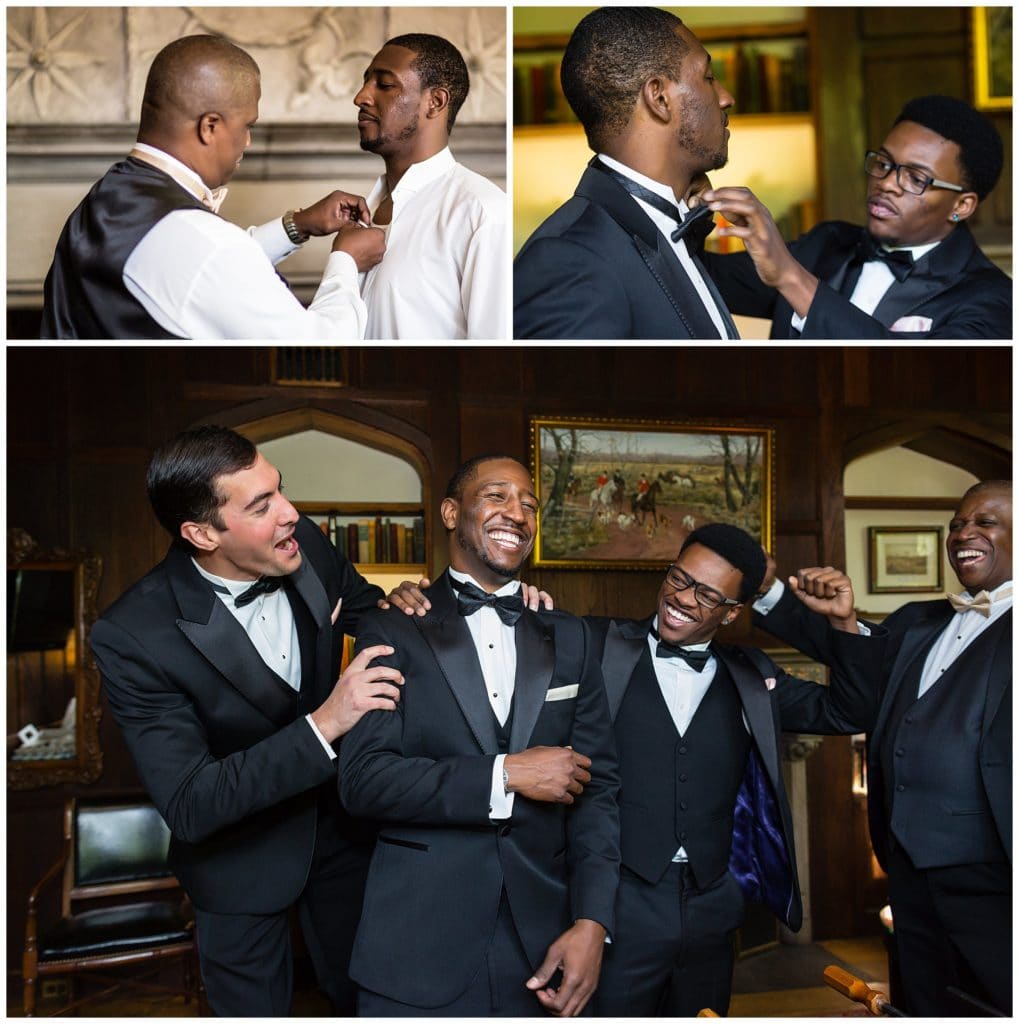 Groom getting ready collage with groomsmen helping and laughing with groom