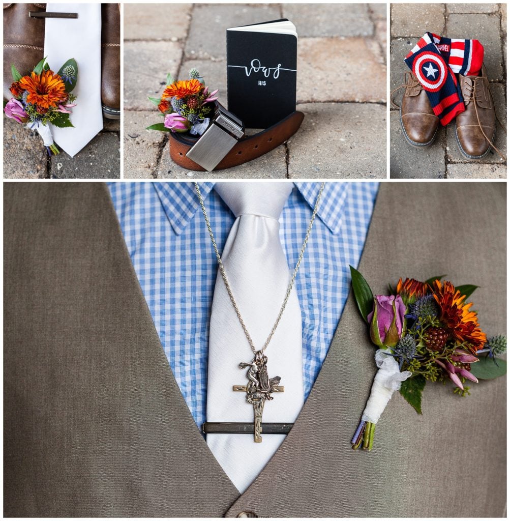 Groom details collage with colorful boutonniere, vow book, and cross necklace