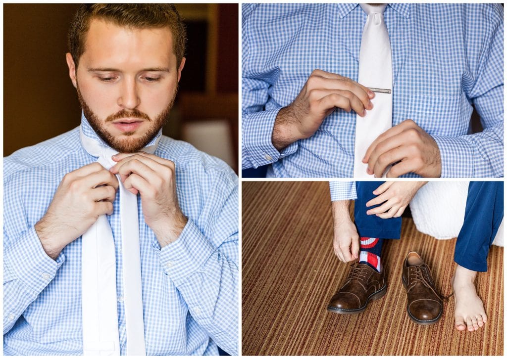 Groom putting on his tie, tie clip, and shoes collage