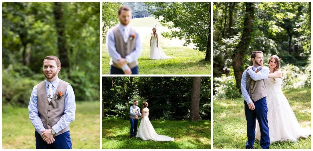 Bride and groom first look collage, bride tapping groom on the shoulder first look at Barn on Bridge wedding