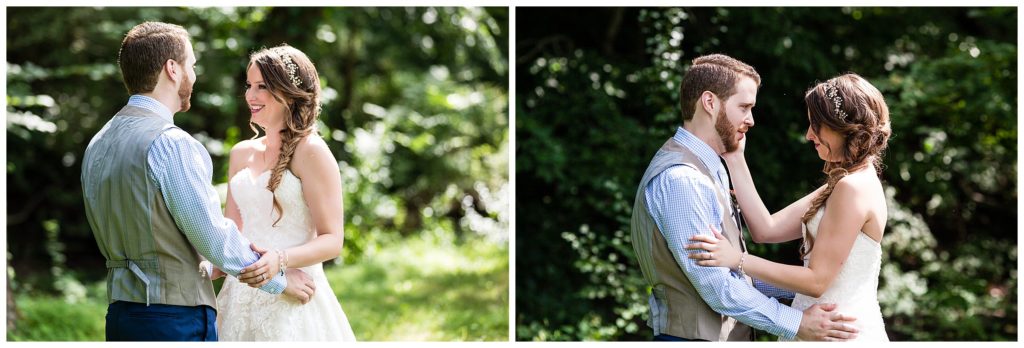 Heartfelt bride and groom first look portrait collage at Barn on Bridge wedding
