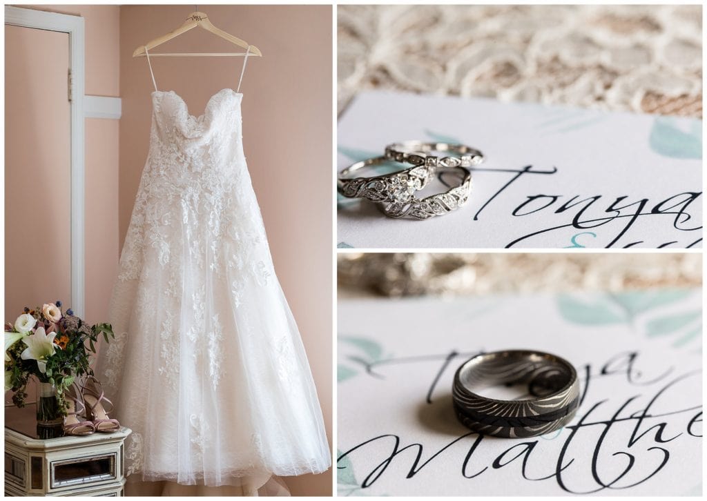 Lace ballgown wedding dress with bouquet and heels, close up of wedding bands on invitations collage