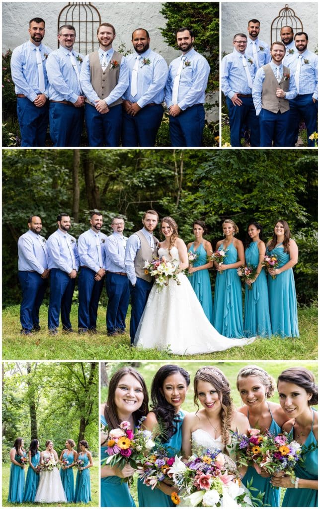 Traditional wedding party portraits collage, groomsmen and bridal party portraits, colorful bridesmaids