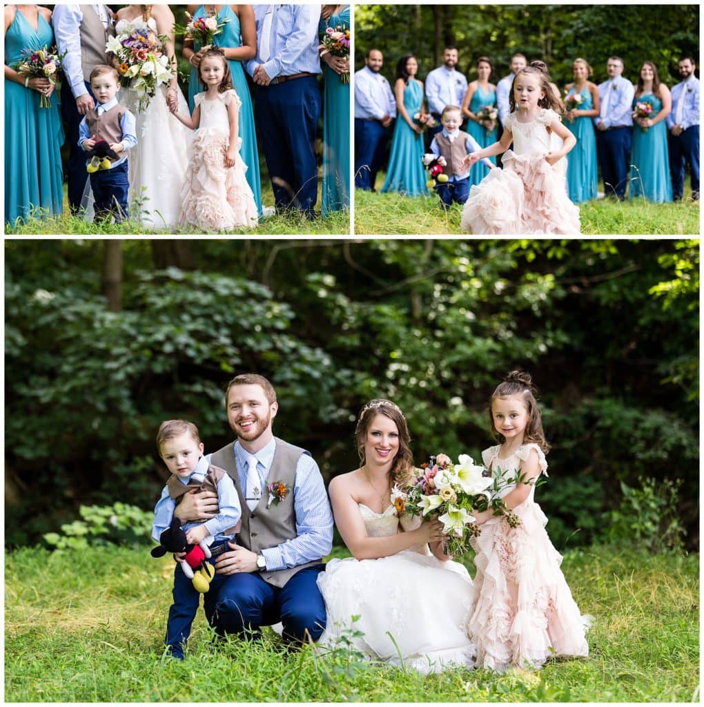 Wedding party portraits with flower girl and ring bearer