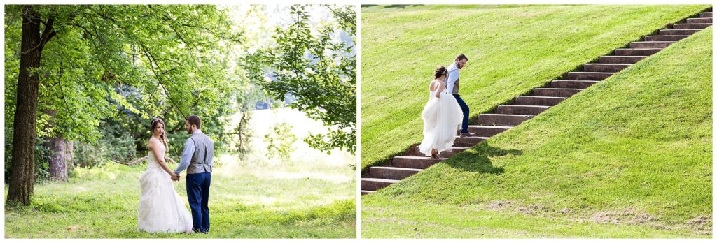 Bride and groom walking hand in hand portrait collage