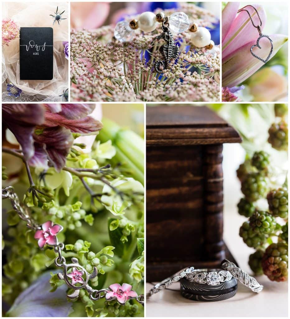 Bridal jewelry details collage with florals and vow book