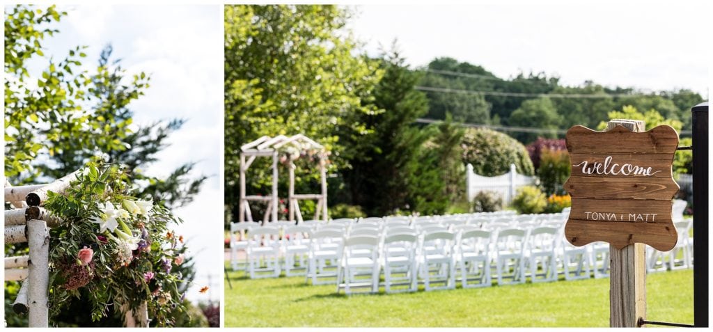 Barn on Bridge outdoor wedding ceremony and floral arch detail collage
