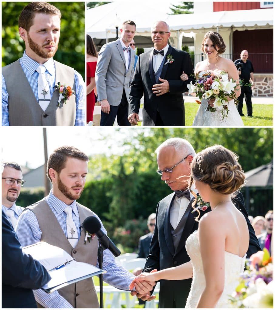Groom watches as bride walks down aisle, father of the bride hands of daughter to groom collage, Barn on Bridge outdoor wedding ceremony