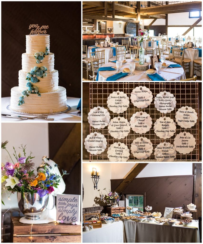 Barn on Bridge wedding reception detail collage with wedding cake, table setup, name cards, and florals
