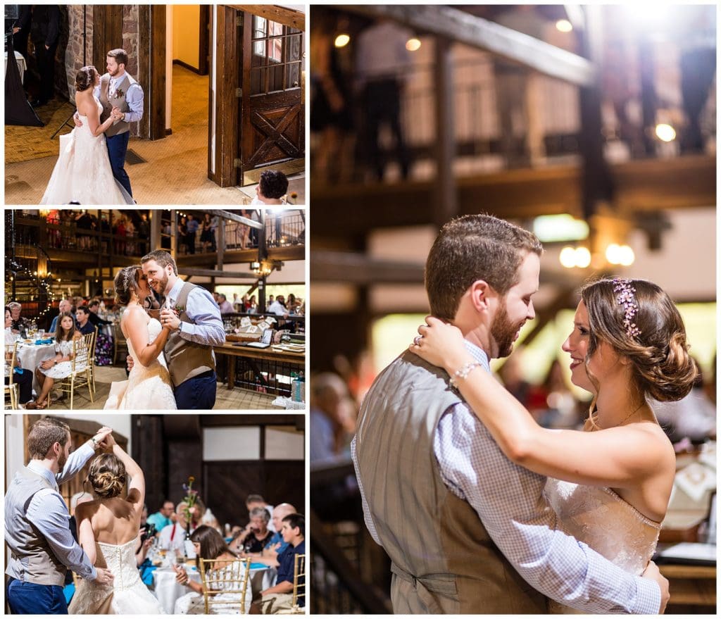 Bride and groom romantic first dance collage at Barn on Bridge wedding reception