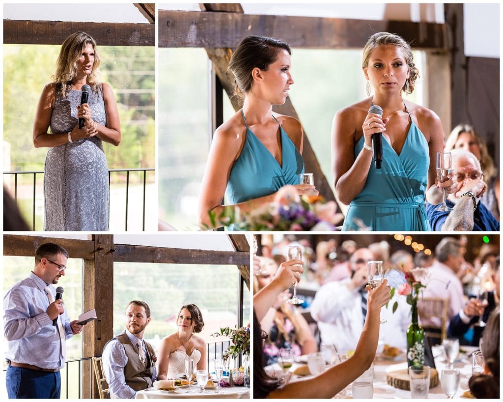 Maid of honor, best man, and parent toasts during Barn on Bridge wedding reception