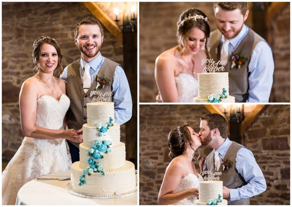 Bride and groom cut cake and kiss at Barn on Bridge wedding reception