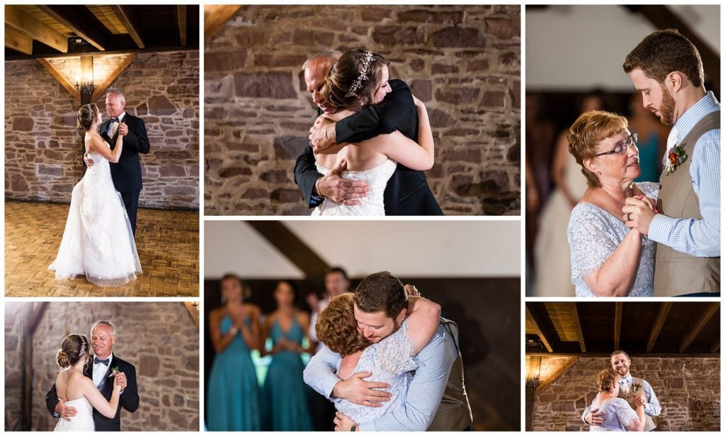 Parent dances collage with father of the bride dance and mother of the groom dance at Barn on Bridge wedding reception