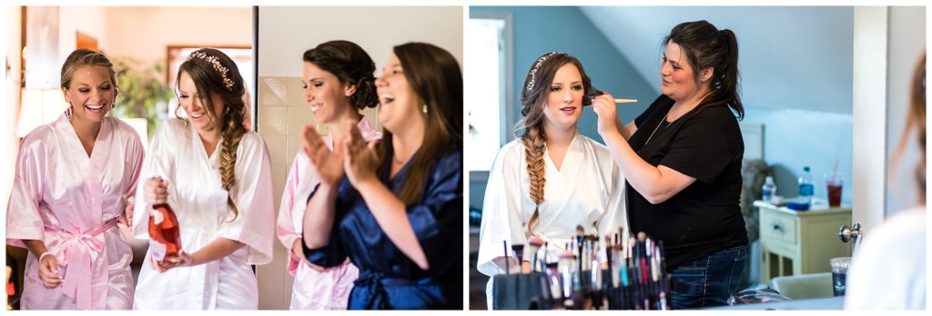 Bride popping champagne and getting makeup done in robe collage