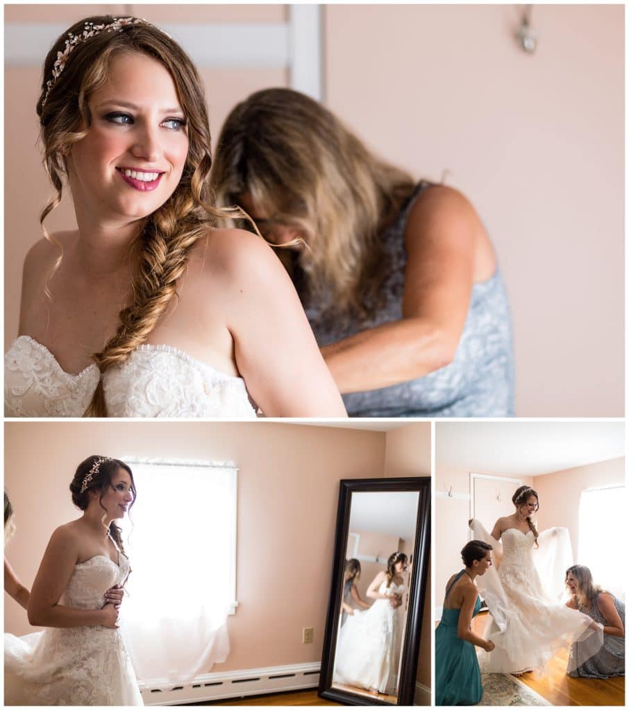 Bride getting into dress with help from mother collage