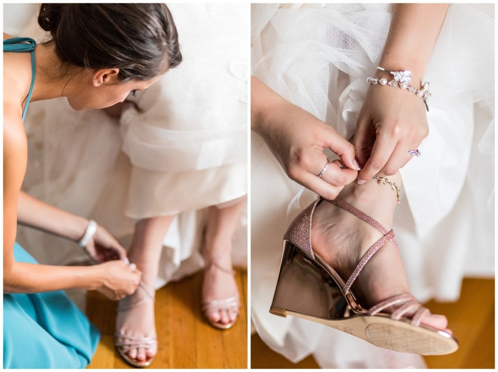 Bride and bridesmaid putting on wedding shoes collage