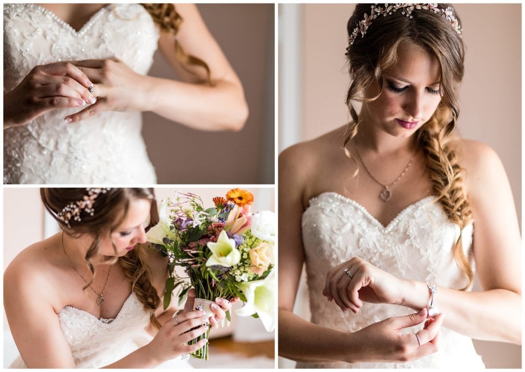 Window-lit bridal portrait collage with bride putting on jewelry