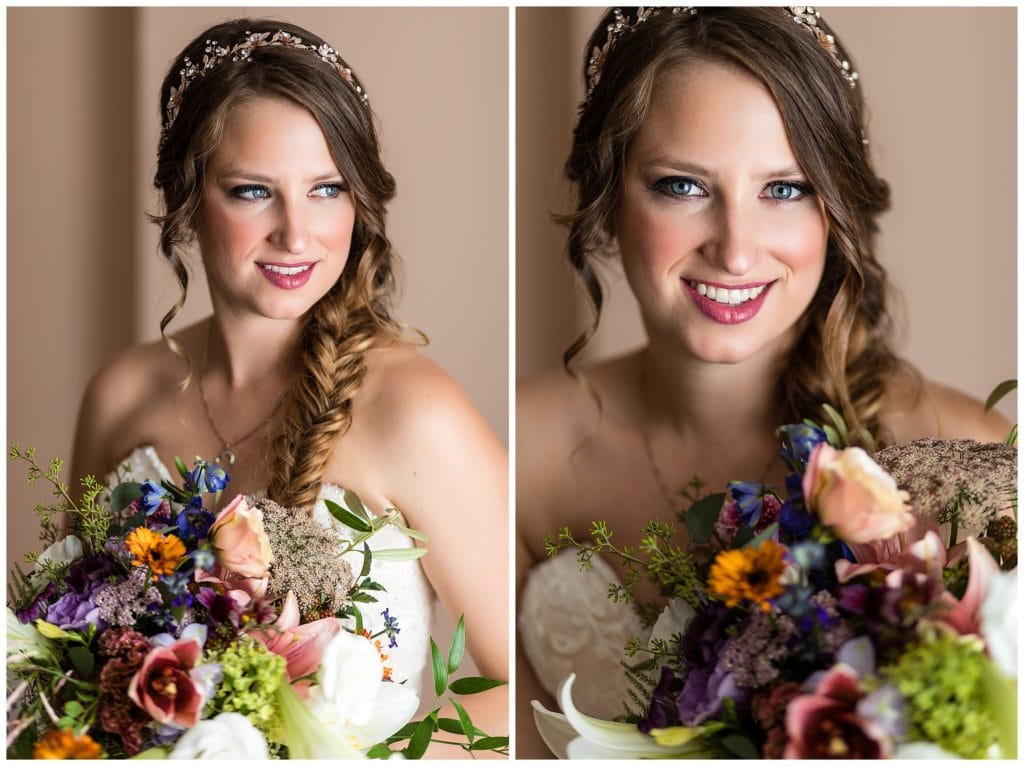 Traditional window-lit bridal portrait with colorful bouquet