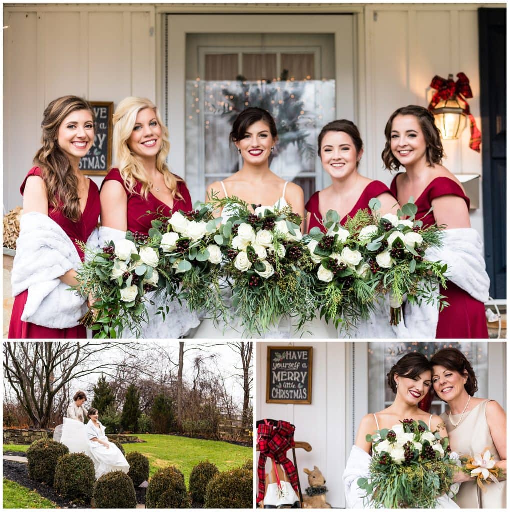 Bridal party in red dresses with Christmas themed florals collage with mother of the bride and bride