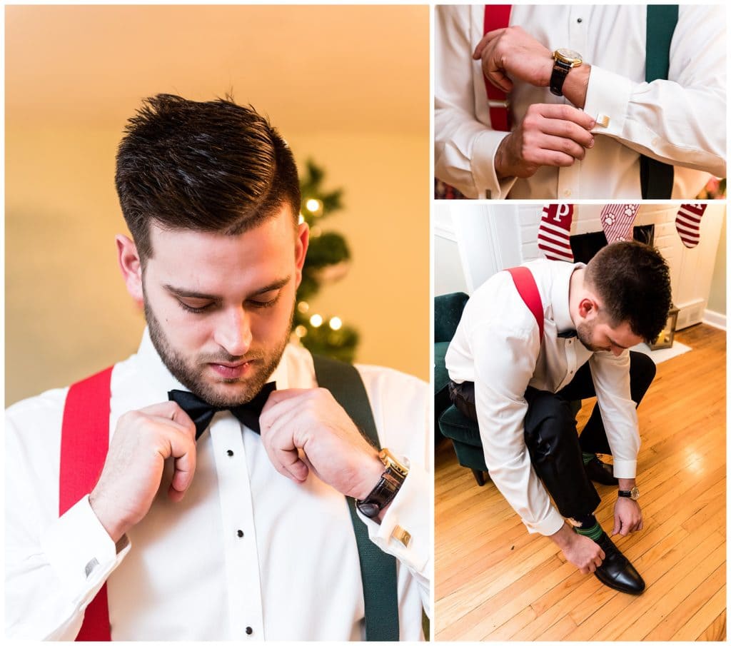 Traditional groom getting ready portrait collage with red and green Christmas suspenders