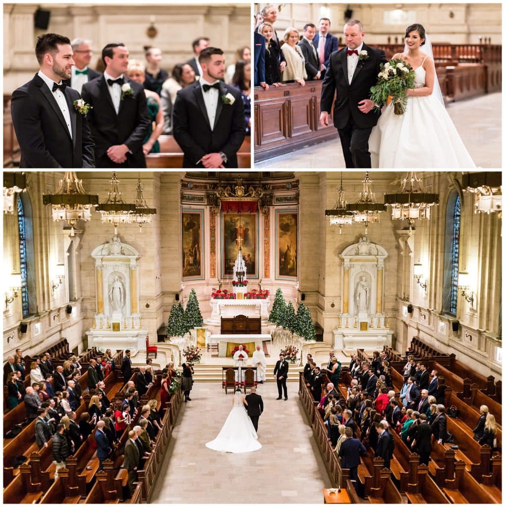 Groom watches father of the bride walk bride down aisle at St. Charles Boromeo church Christmas wedding