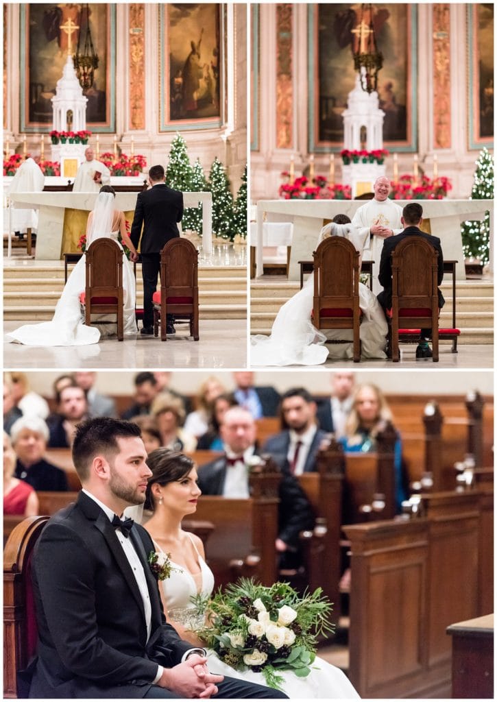 Bride and groom listen and pray during St. Charles Boromeo Church Christmas wedding ceremony