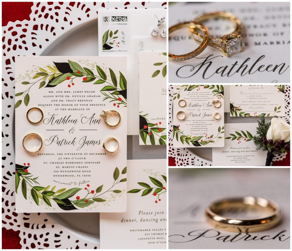 Red and green Christmas themed wedding invitation suite with white wedding heels, pine and rose boutonniere, and gold wedding rings