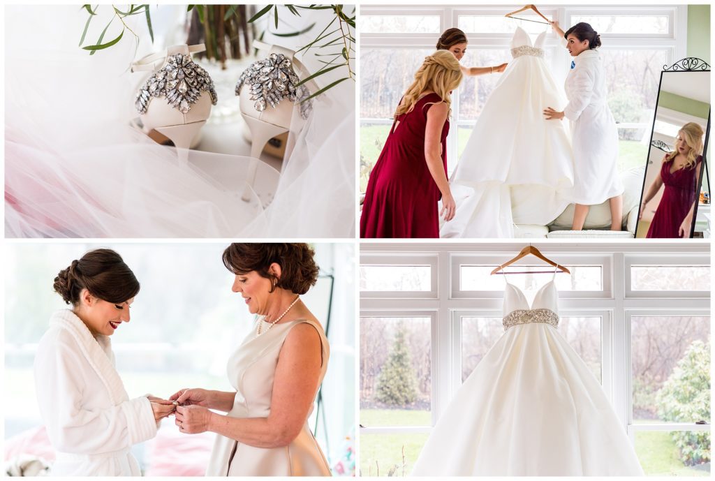 Christmas theme wedding gown and heels collage with bride getting into gown