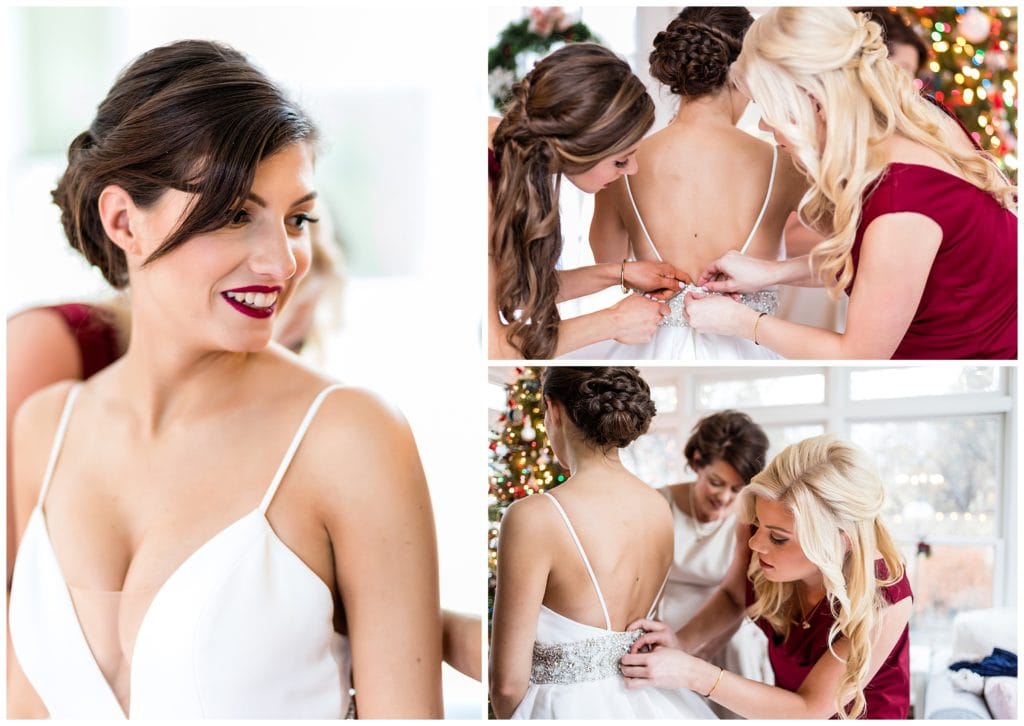 Bride getting into wedding dress with help of bridesmaids collage