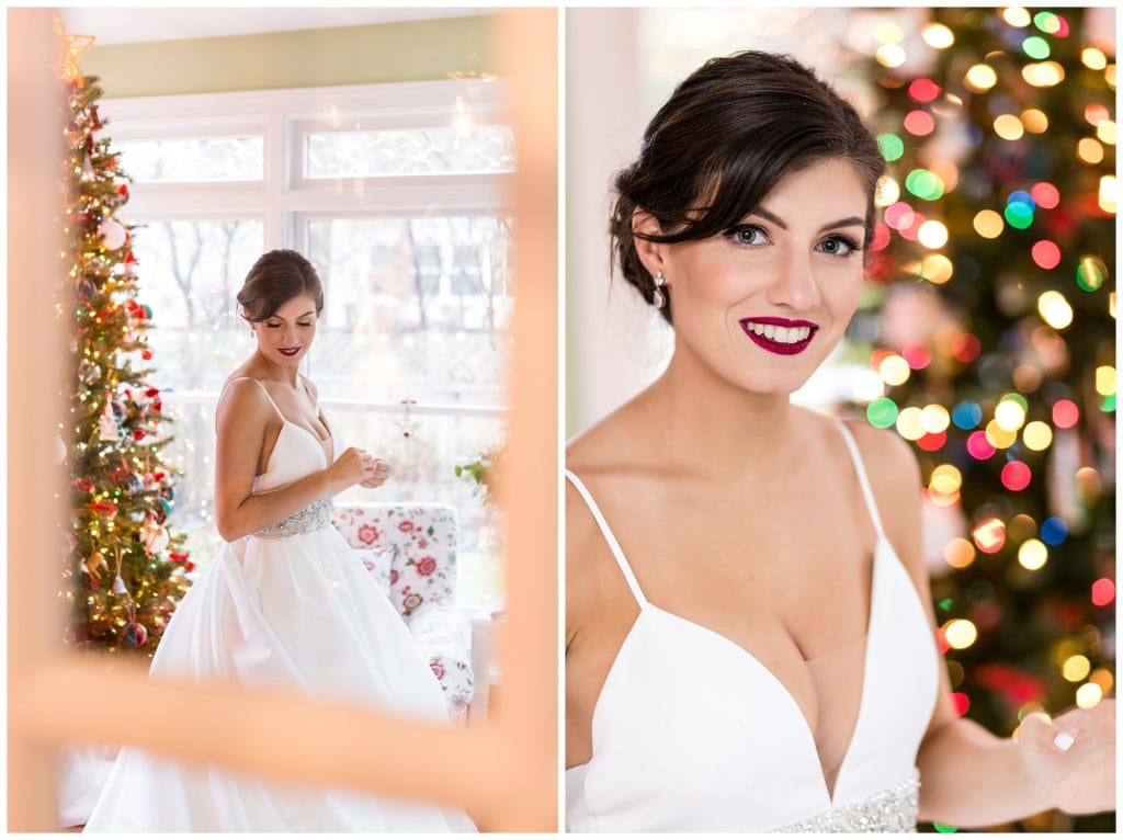 Traditional window lit bridal portraits with Christmas tree in background