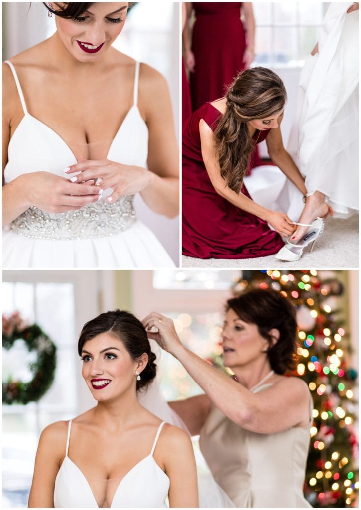 Bride putting on engagement ring, shoes, and veil with help from mother and bridesmaids