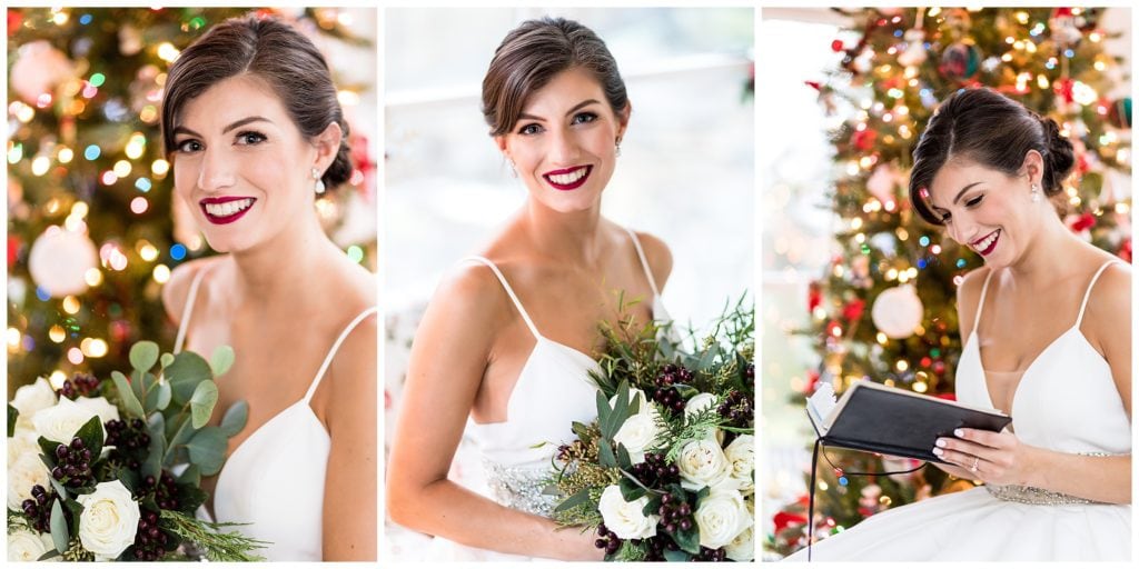 Traditional bridal portraits in front of Christmas tree with bride reading letter from groom