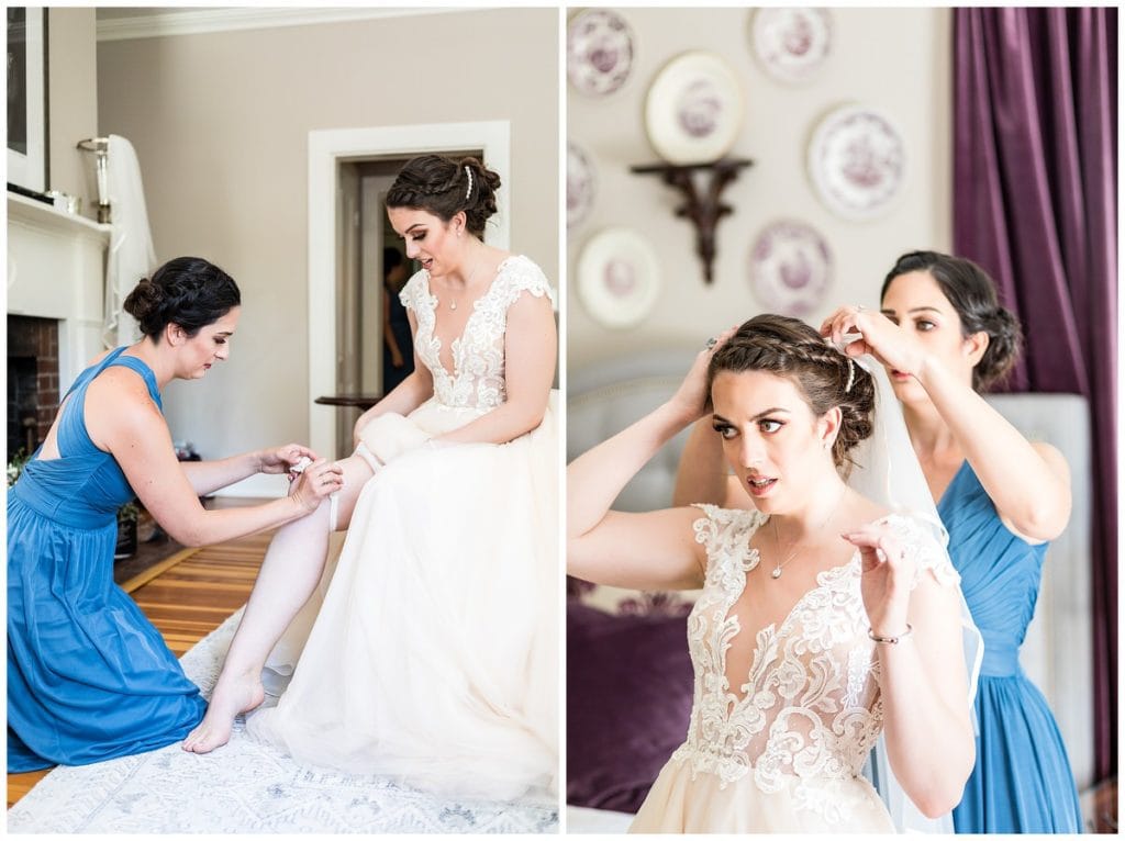 Bridesmaid helping bride put on garter and veil collage