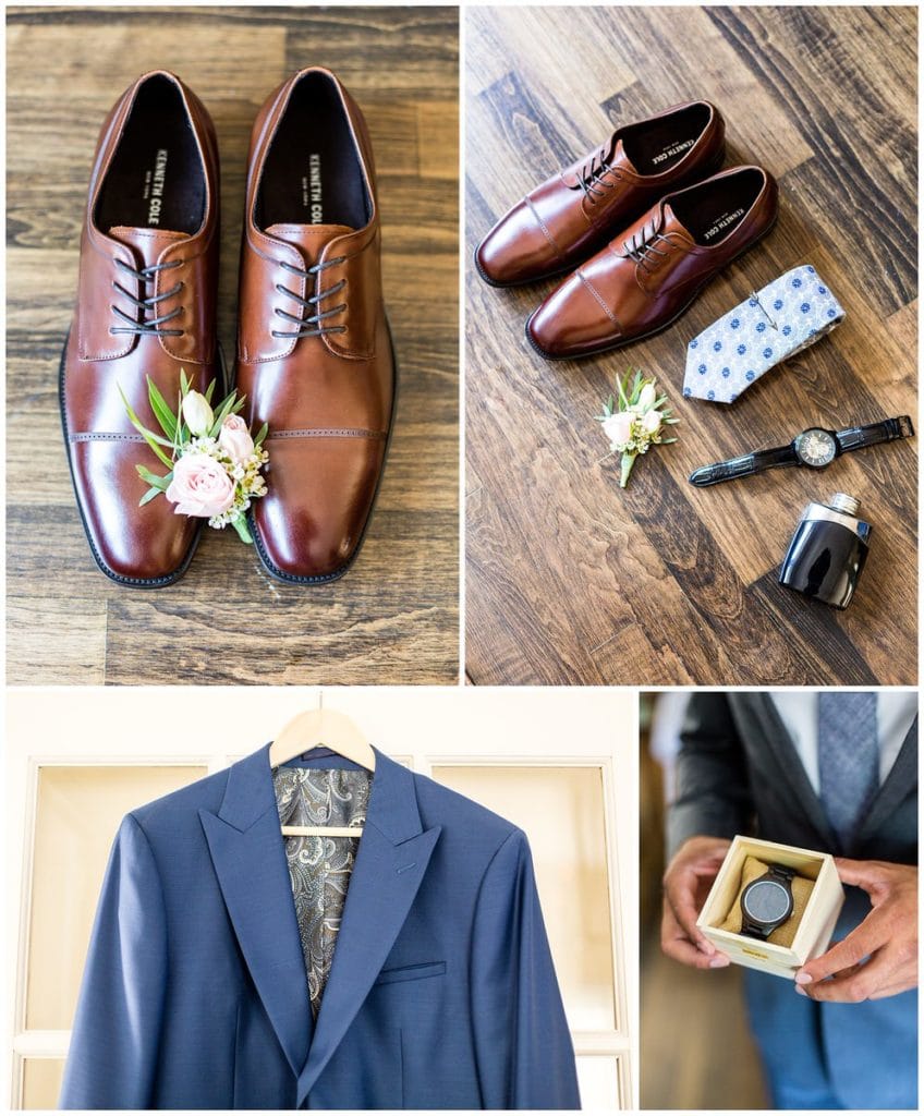 Groom wedding accessory detail collage with dress shoes, boutonniere, blue patterned tie, watch, cologne, and navy blue jacket