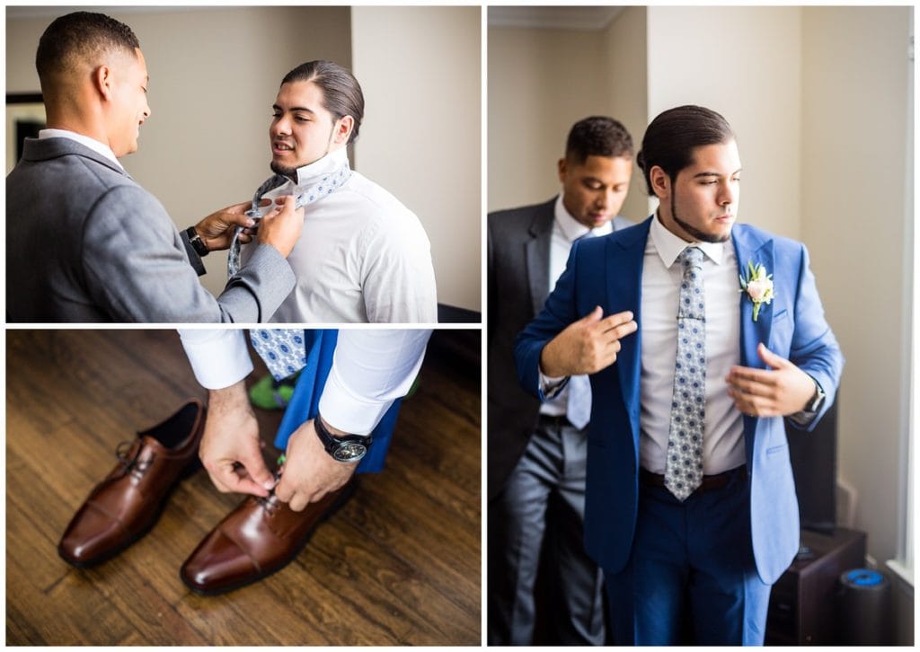 Groomsmen tying grooms tie, groom putting on jacket and shoes collage