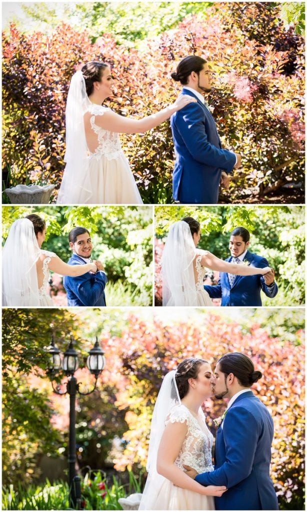 Bride taps groom on shoulder and groom spins around and kisses bride during first look in garden collage