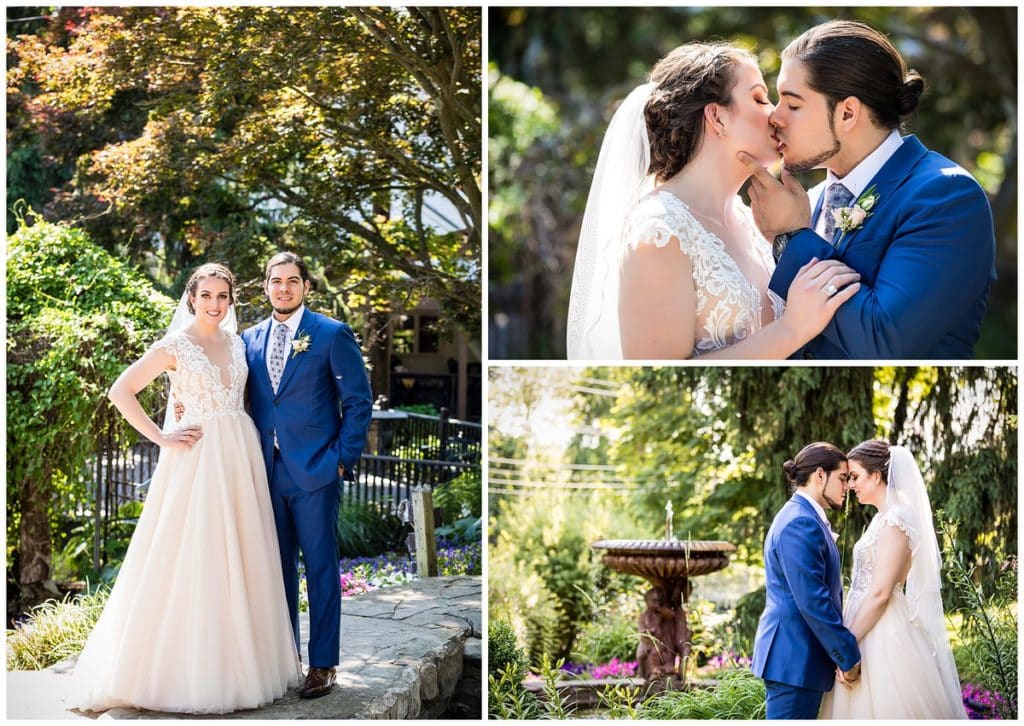 Traditional bride and groom wedding portrait collage with bride and groom kissing and touching heads in front of fountain