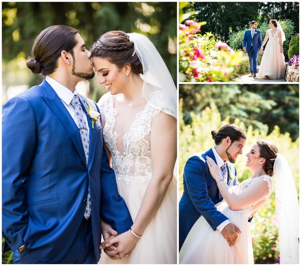 Groom kissing bride on forehead, bride and groom holding hands walking through gardens, and groom dipping bride wedding portrait collage