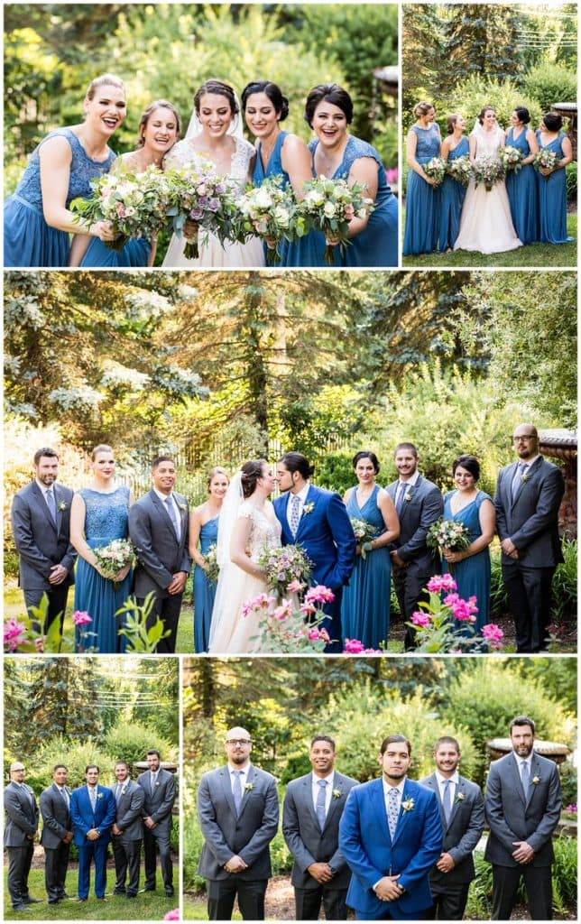 Wedding party portrait collage with bridesmaids holding out flowers, bride and groom kissing with wedding party, and groomsmen standing in gardens