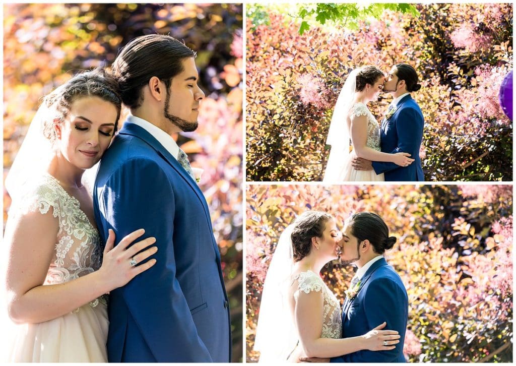 Romantic bride and groom kissing in gardens portrait collage